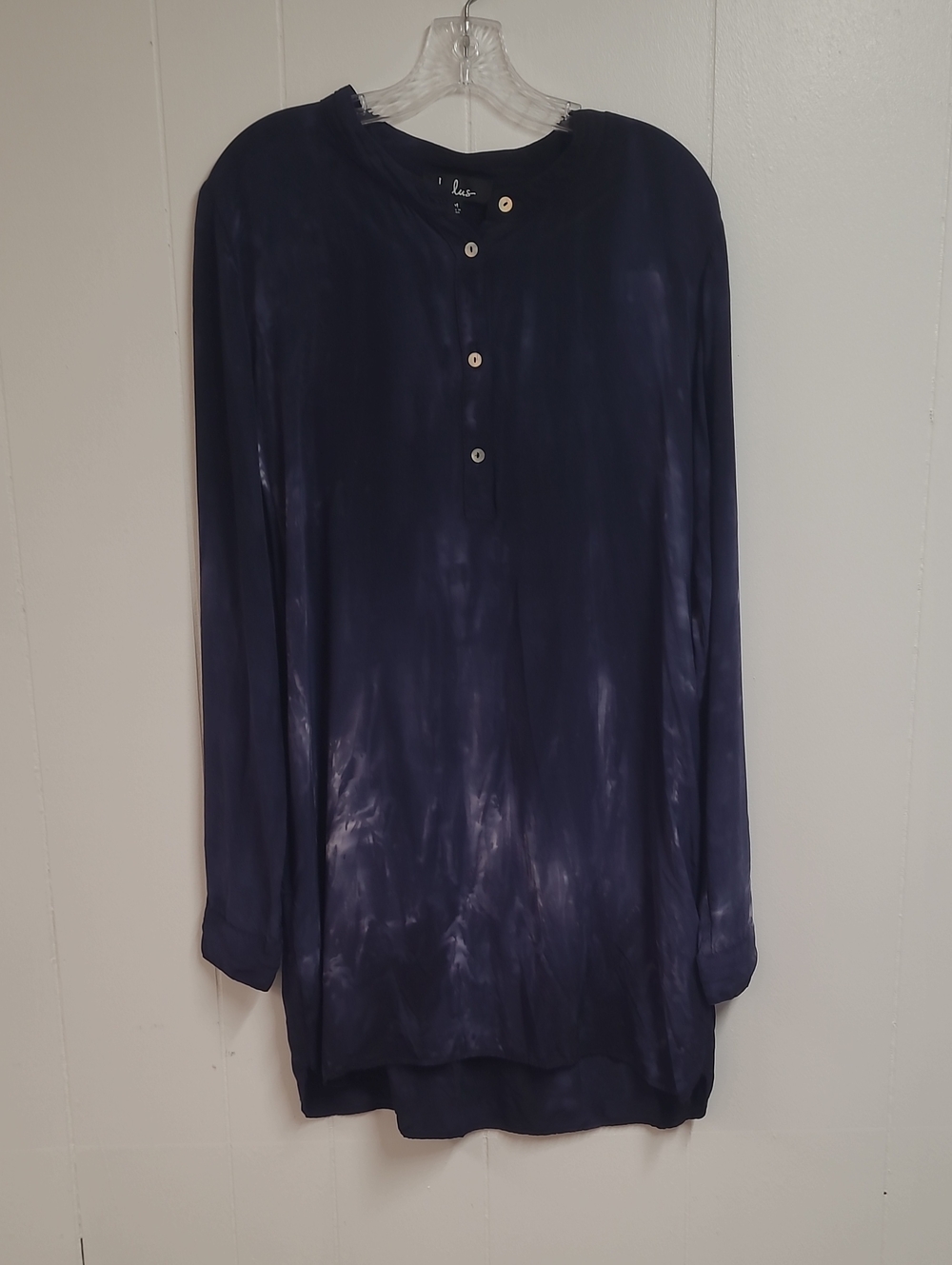Lulu's Navy Blue Tie-Dye Long Sleeve Henley Mini Dress Or Beach Coverup Sz Med